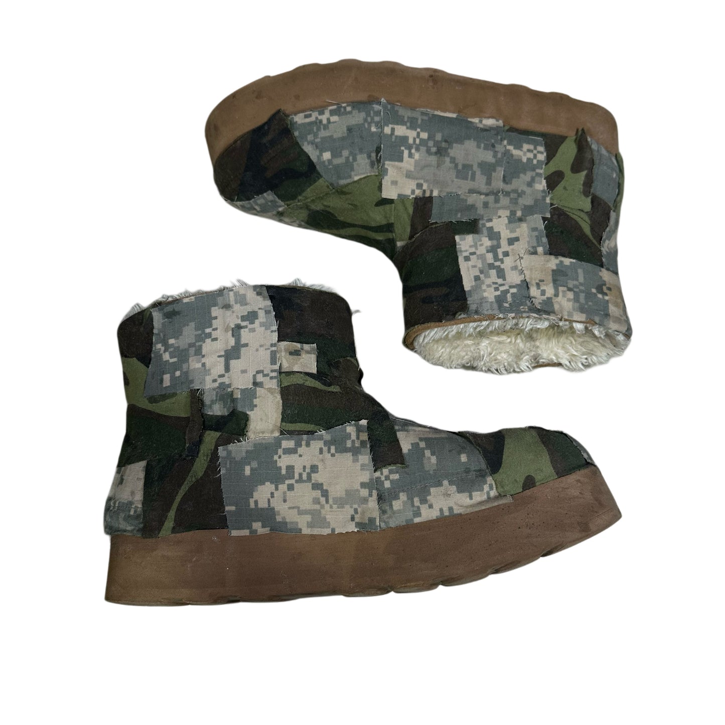 MULTI CAMO PATCHWORK TAN PLATFORM SLIP ONS