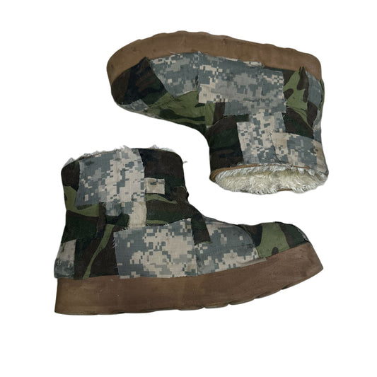 MULTI CAMO PATCHWORK TAN PLATFORM SLIP ONS