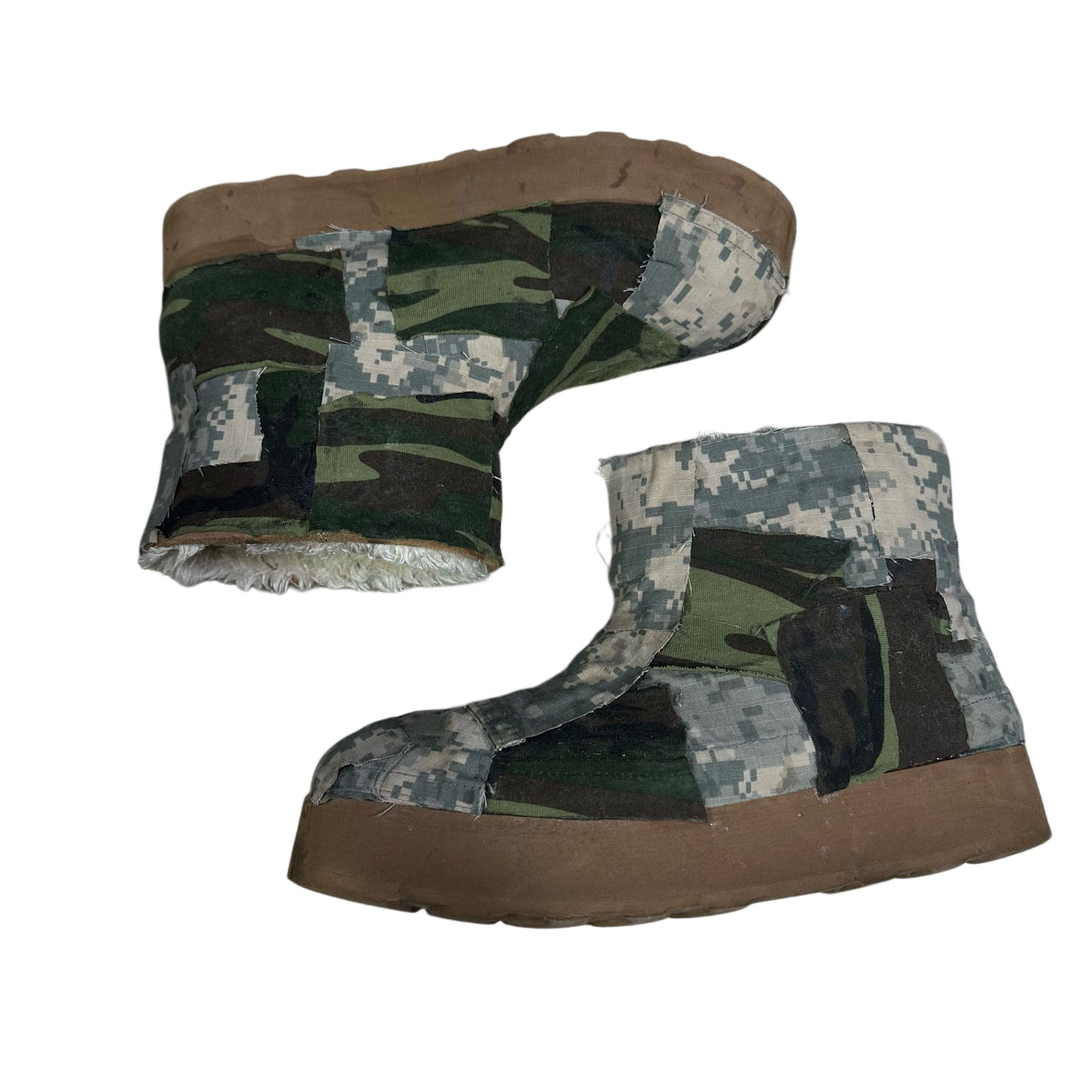 MULTI CAMO PATCHWORK TAN PLATFORM SLIP ONS