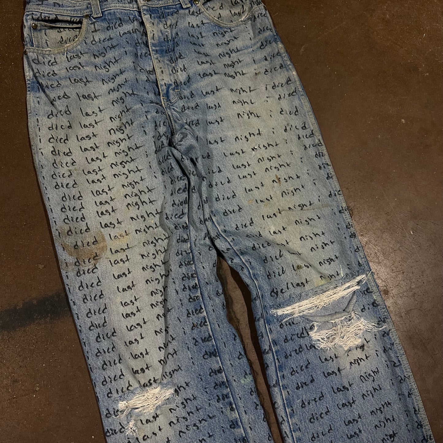 INDIGO DYED DISTRESSED VINTAGE 80s IDIEDLASTNIGHT SCRIPT DENIM