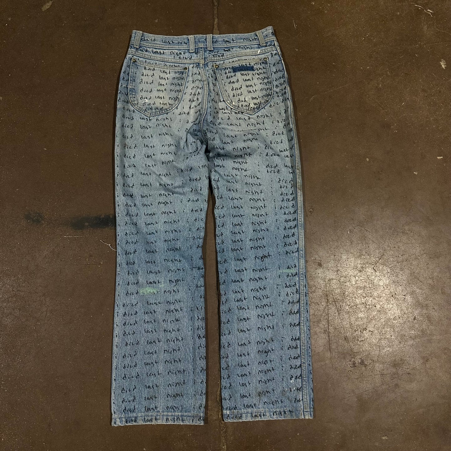 INDIGO DYED DISTRESSED VINTAGE 80s IDIEDLASTNIGHT SCRIPT DENIM