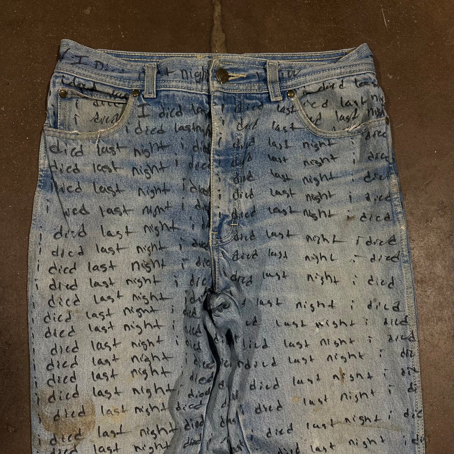 INDIGO DYED DISTRESSED VINTAGE 80s IDIEDLASTNIGHT SCRIPT DENIM