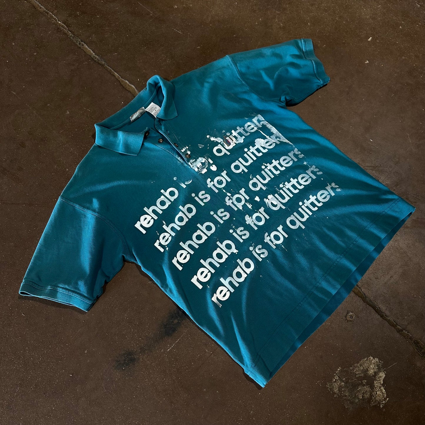 VINTAGE 90s TEAL REHAB IS FOR QUITTERS POLO