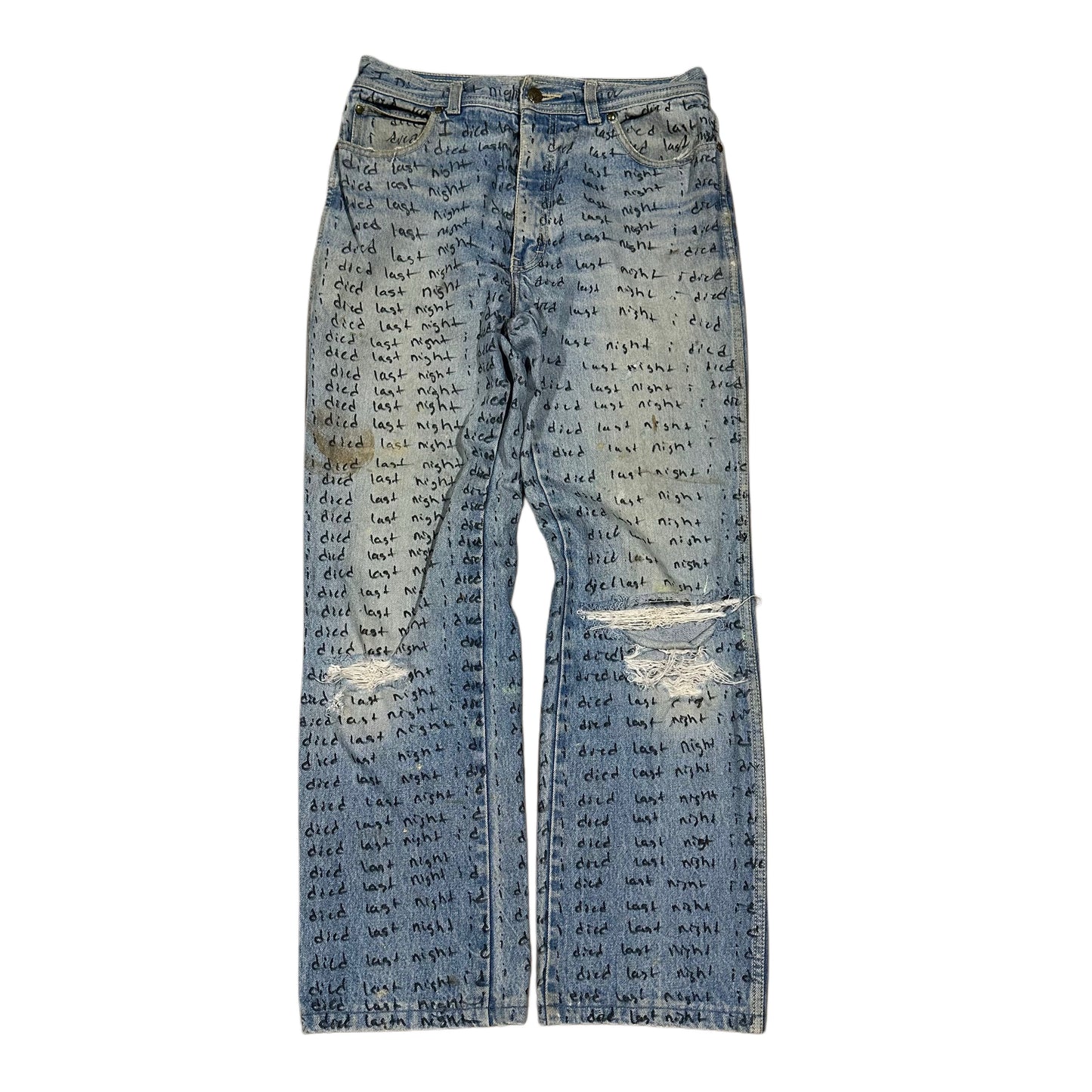 INDIGO DYED DISTRESSED VINTAGE 80s IDIEDLASTNIGHT SCRIPT DENIM
