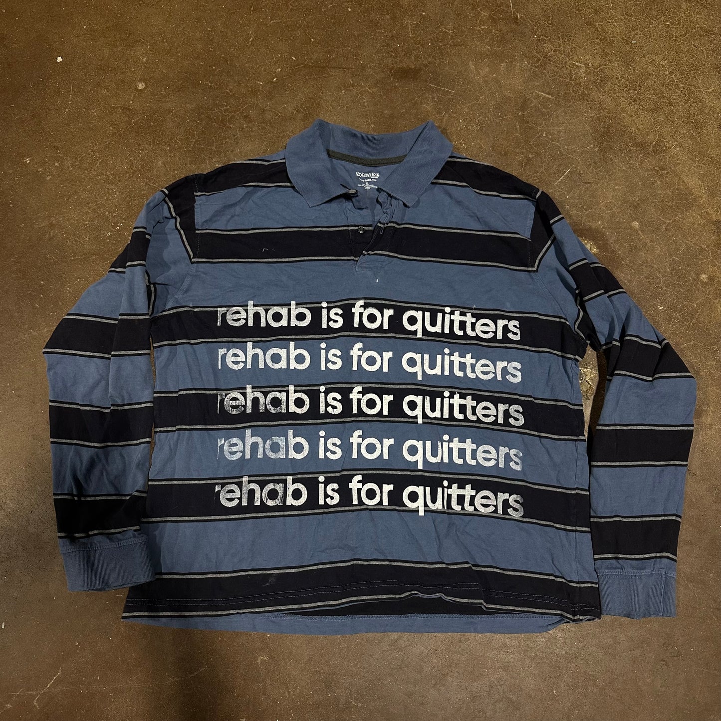 BLUE STRIPE LONG SLEEVE REHAB IS FOR QUITTERS POLO