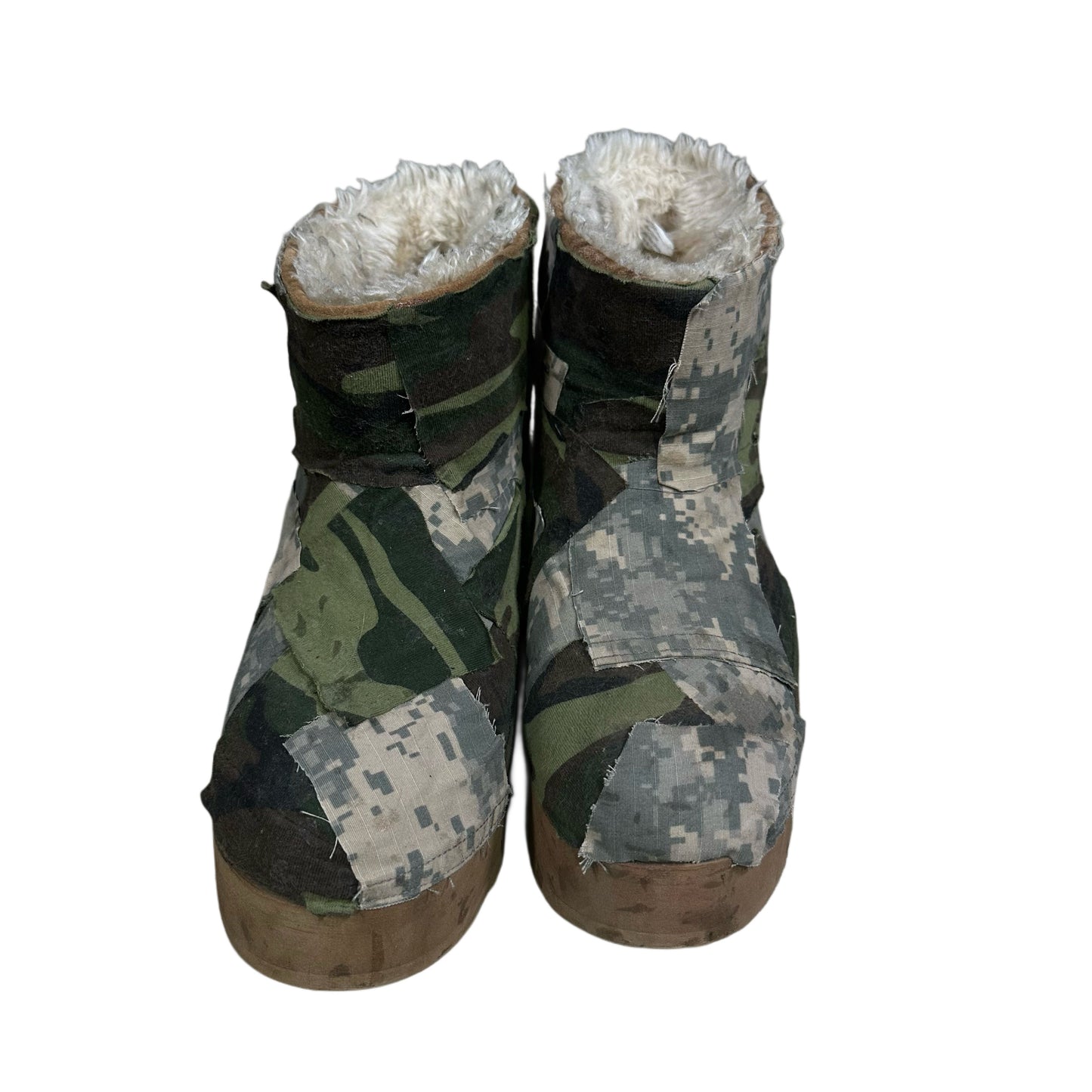 MULTI CAMO PATCHWORK TAN PLATFORM SLIP ONS