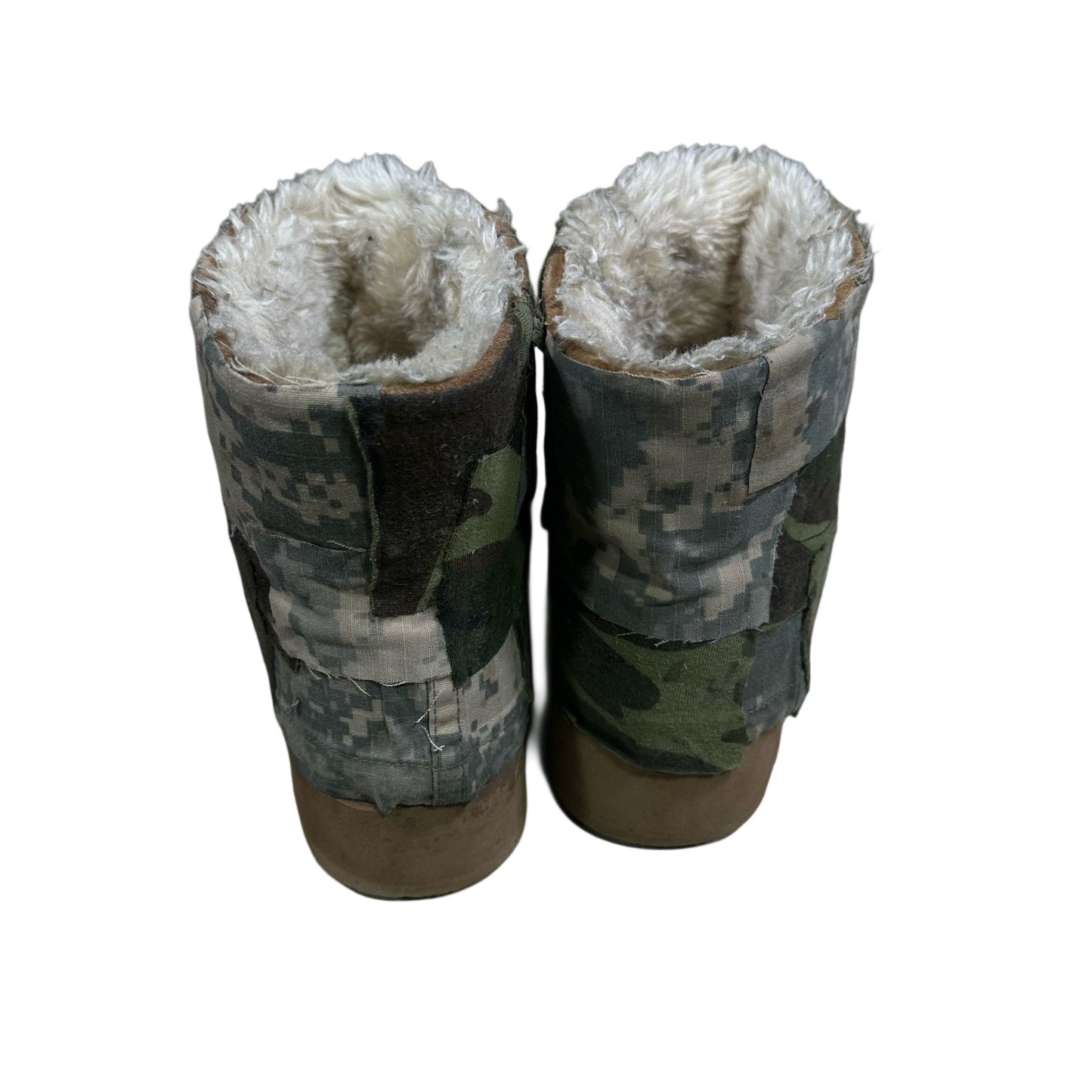 MULTI CAMO PATCHWORK TAN PLATFORM SLIP ONS