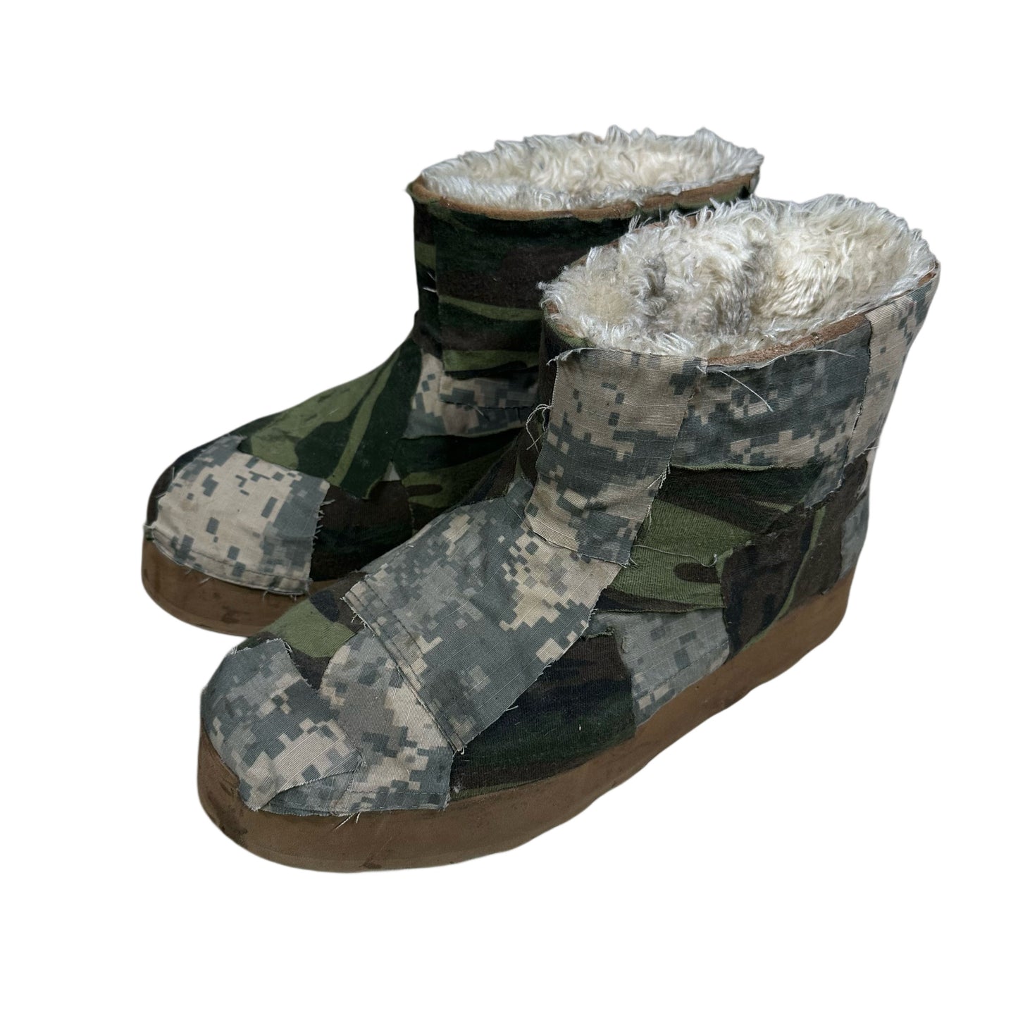 MULTI CAMO PATCHWORK TAN PLATFORM SLIP ONS
