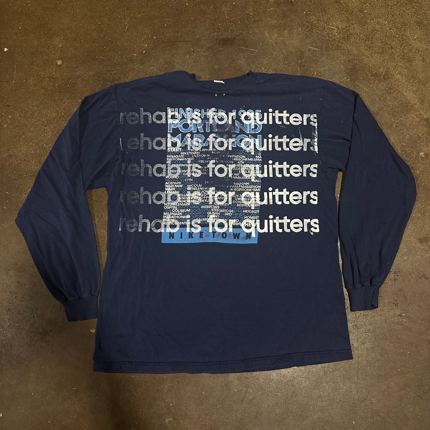 VINTAGE NIKE MARATHON LONG SLEEVE REHAB IS FOR QUITTERS TEE