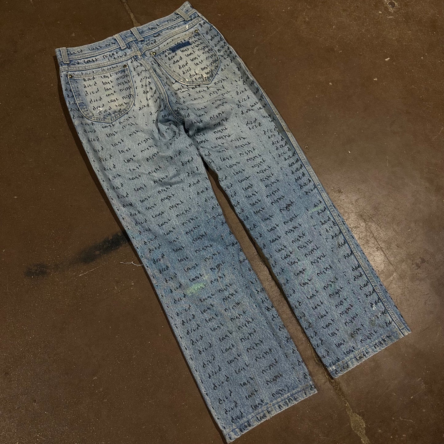 INDIGO DYED DISTRESSED VINTAGE 80s IDIEDLASTNIGHT SCRIPT DENIM