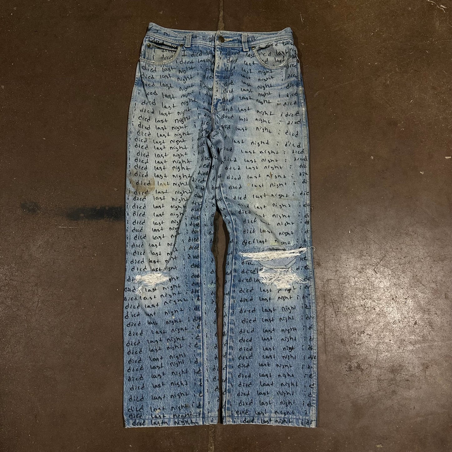 INDIGO DYED DISTRESSED VINTAGE 80s IDIEDLASTNIGHT SCRIPT DENIM