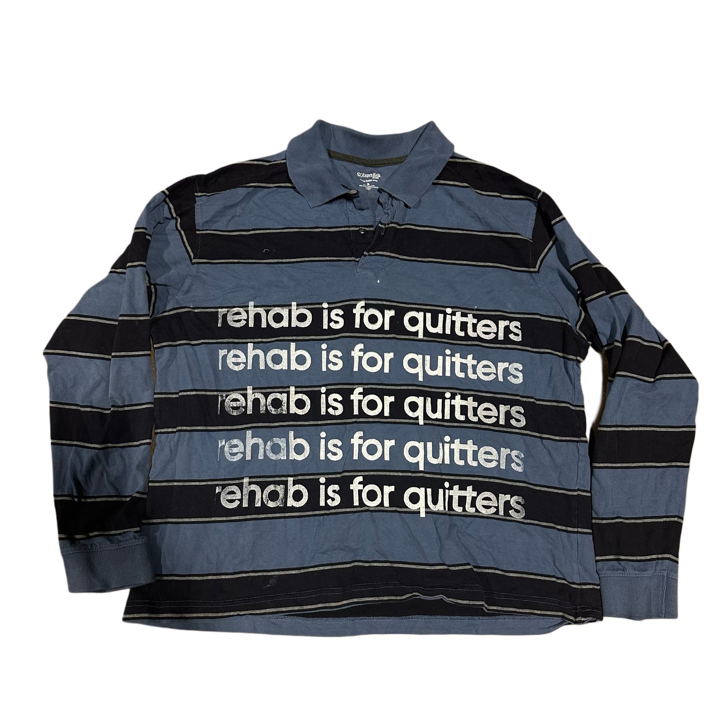 BLUE STRIPE LONG SLEEVE REHAB IS FOR QUITTERS POLO