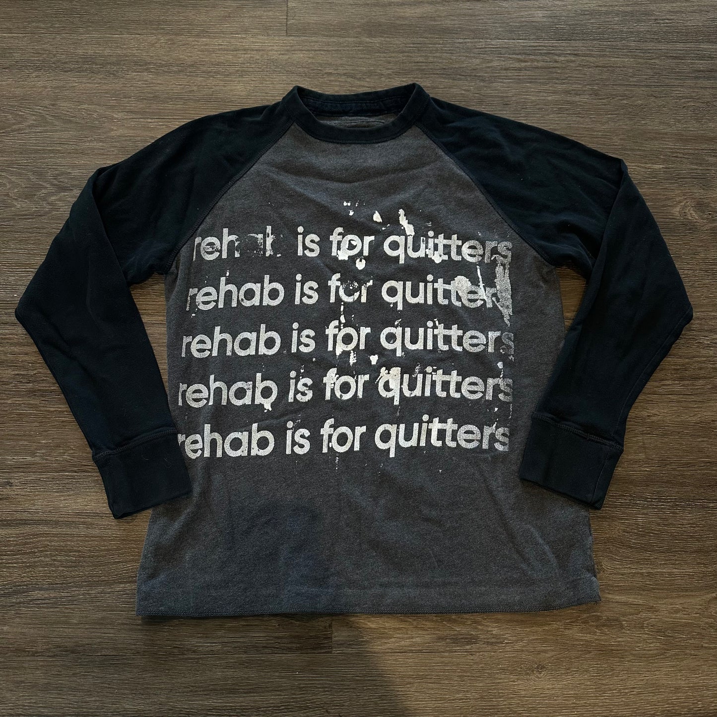 BLACK AND GREY LONG SLEEVE REHAB IS FOR QUITTERS SHIRT