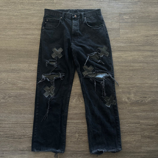 BLACK “X” LEATHER PATCHWORK DENIM