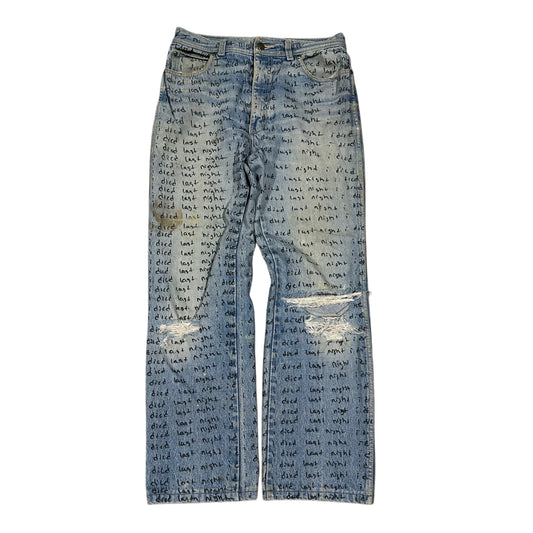 INDIGO DYED DISTRESSED VINTAGE 80s IDIEDLASTNIGHT SCRIPT DENIM