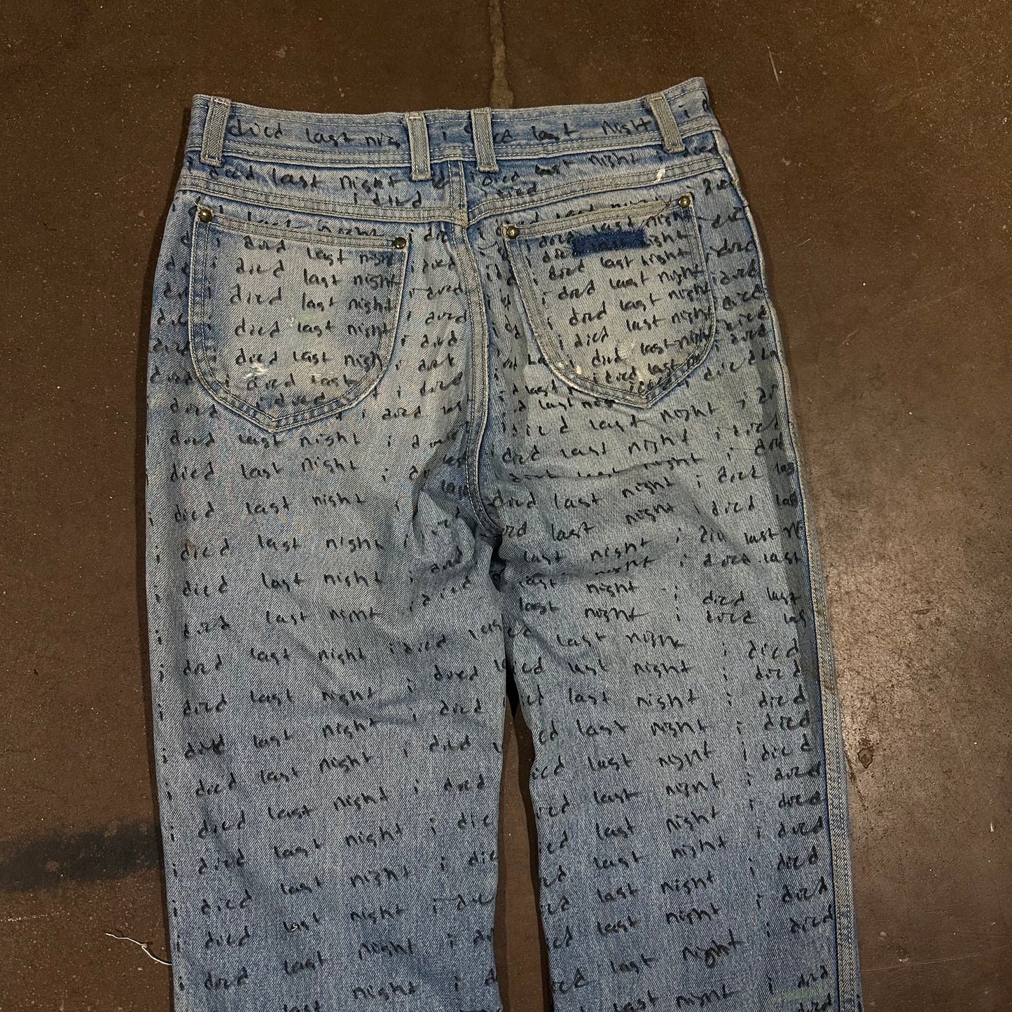 INDIGO DYED DISTRESSED VINTAGE 80s IDIEDLASTNIGHT SCRIPT DENIM