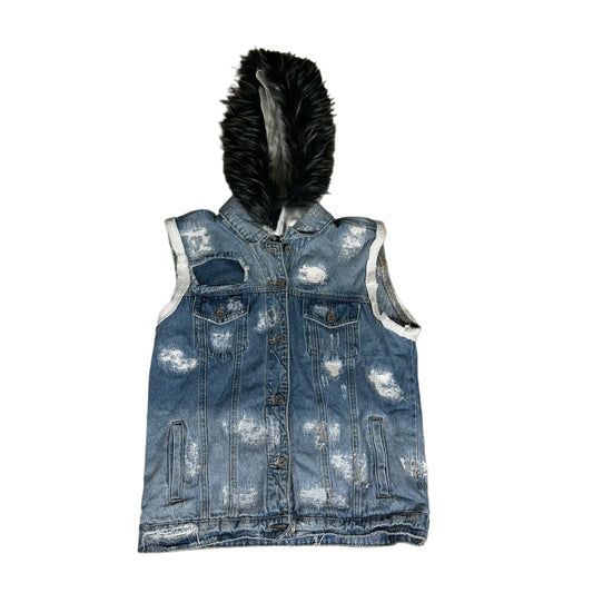 LIGHT BLUE DENIM REPAIRED FUR VEST