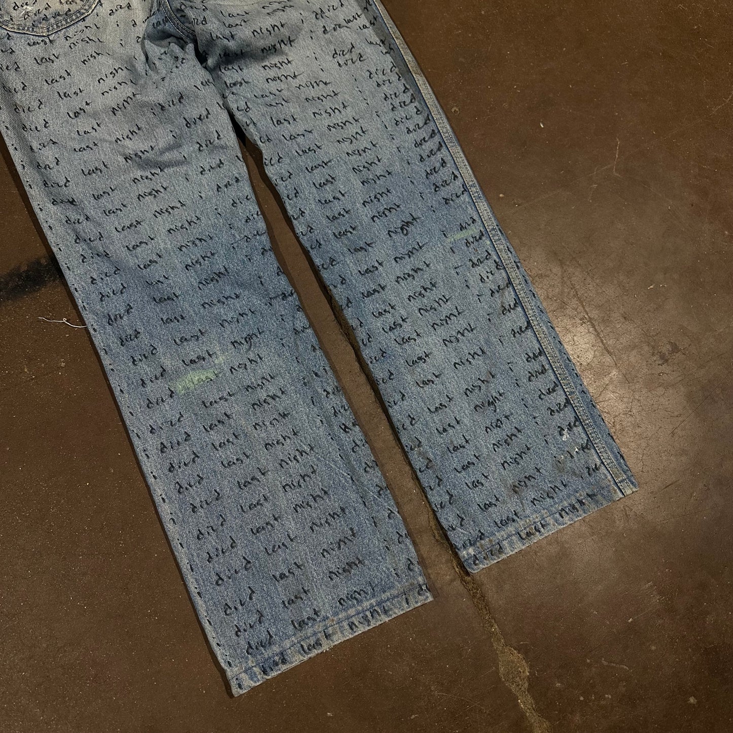 INDIGO DYED DISTRESSED VINTAGE 80s IDIEDLASTNIGHT SCRIPT DENIM