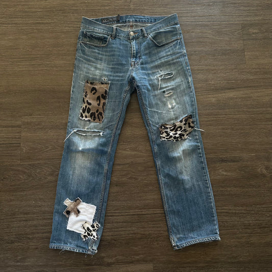 ARMANI EXCHANGE LEOPARD PRINT REPAIRED “X” DENIM