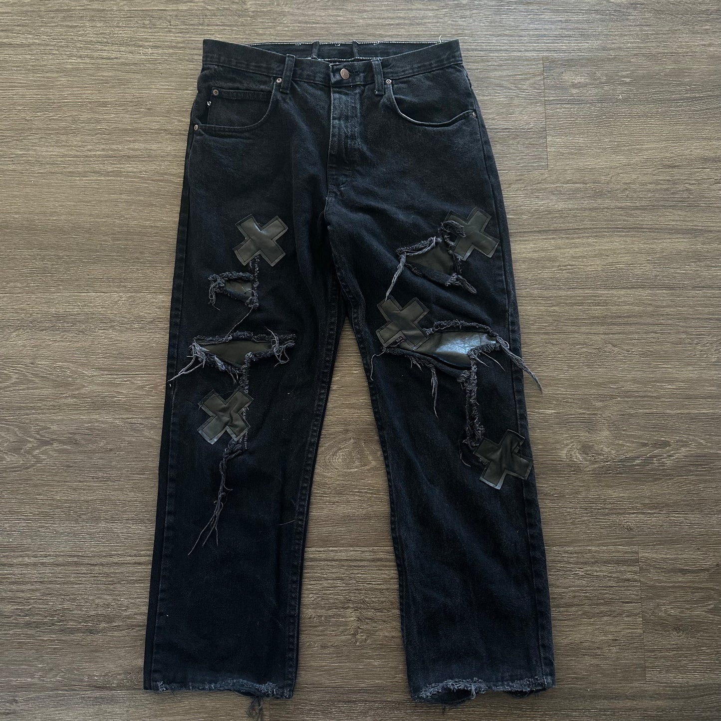BLACK “X” LEATHER PATCHWORK DENIM