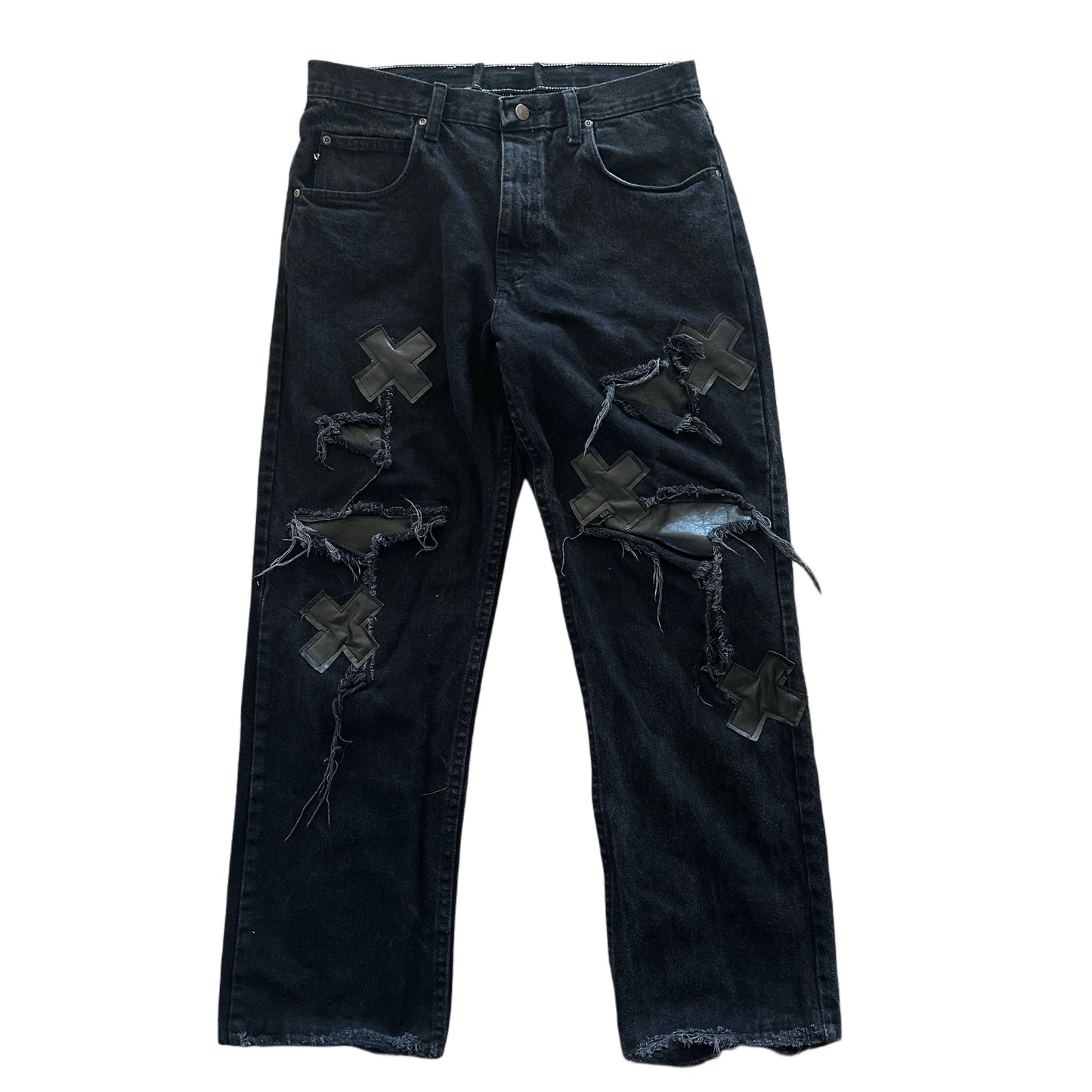 BLACK “X” LEATHER PATCHWORK DENIM