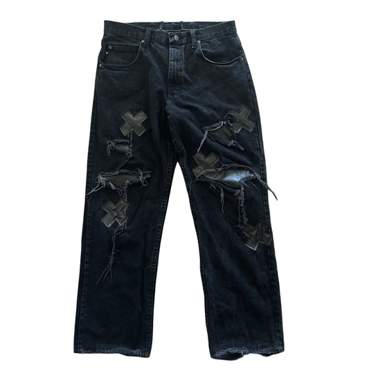 BLACK “X” LEATHER PATCHWORK DENIM