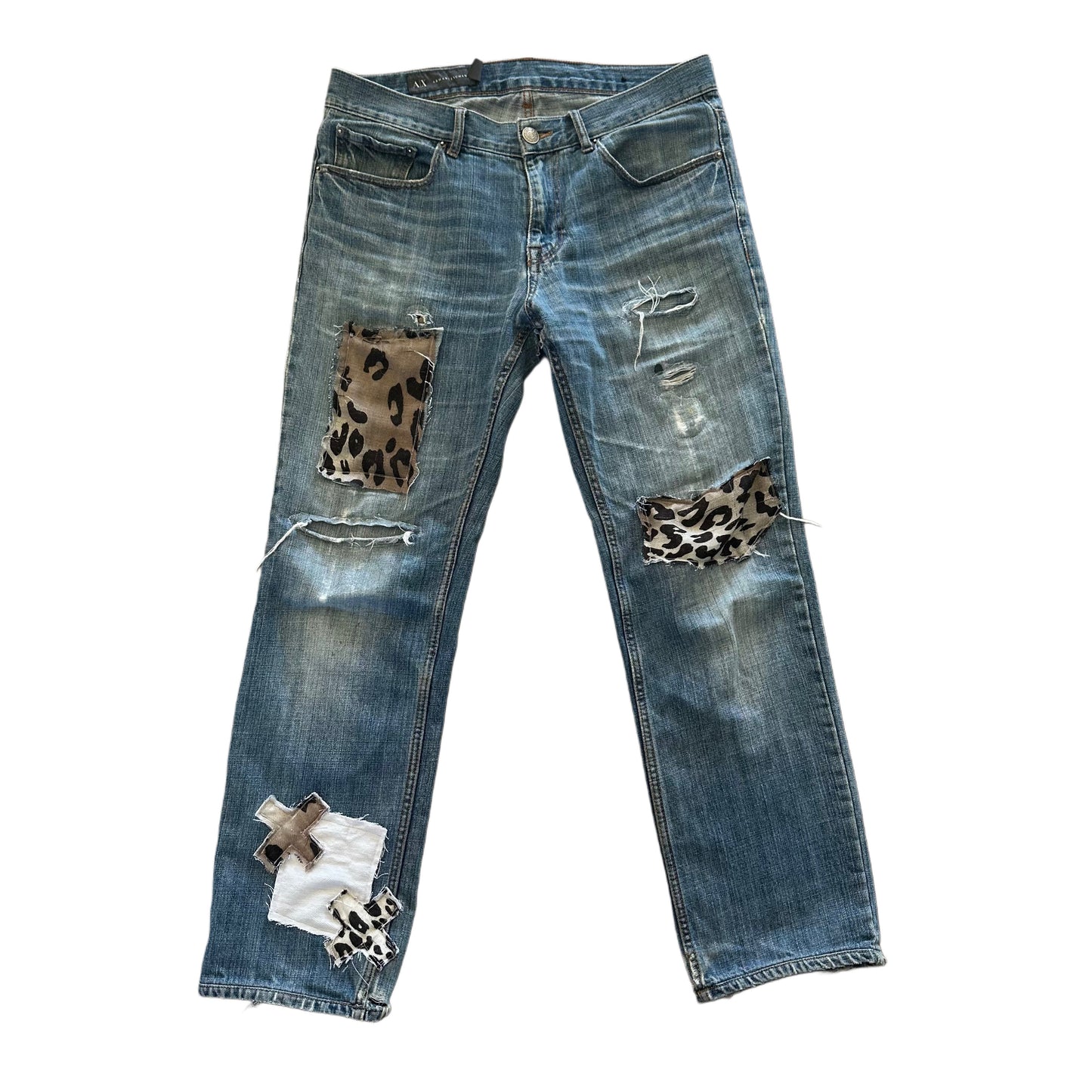ARMANI EXCHANGE LEOPARD PRINT REPAIRED “X” DENIM