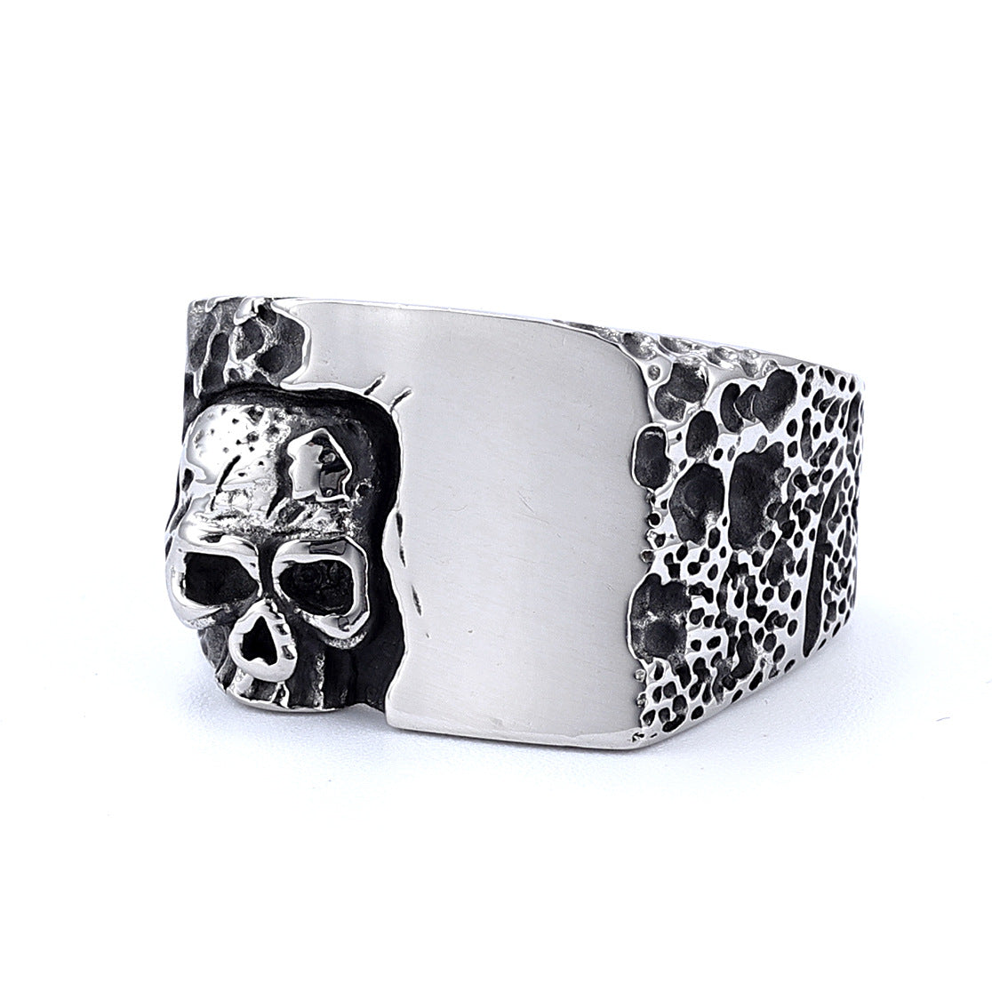 distressed stainless steel skull ring 