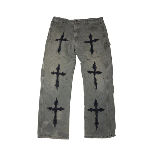 front of olive cross printed carpenter pants 