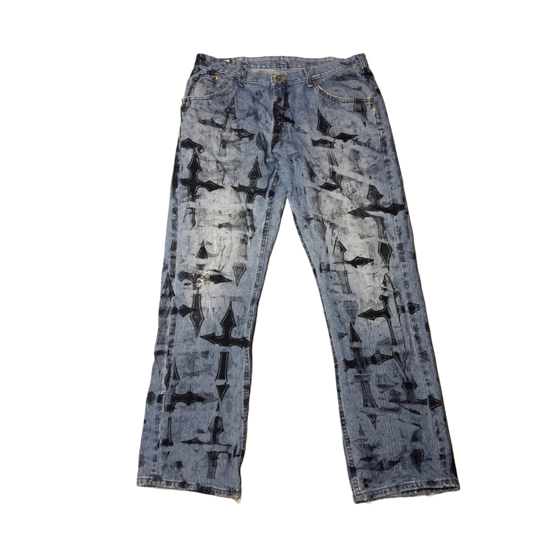 front of all over print cross grunge light blue jeans 