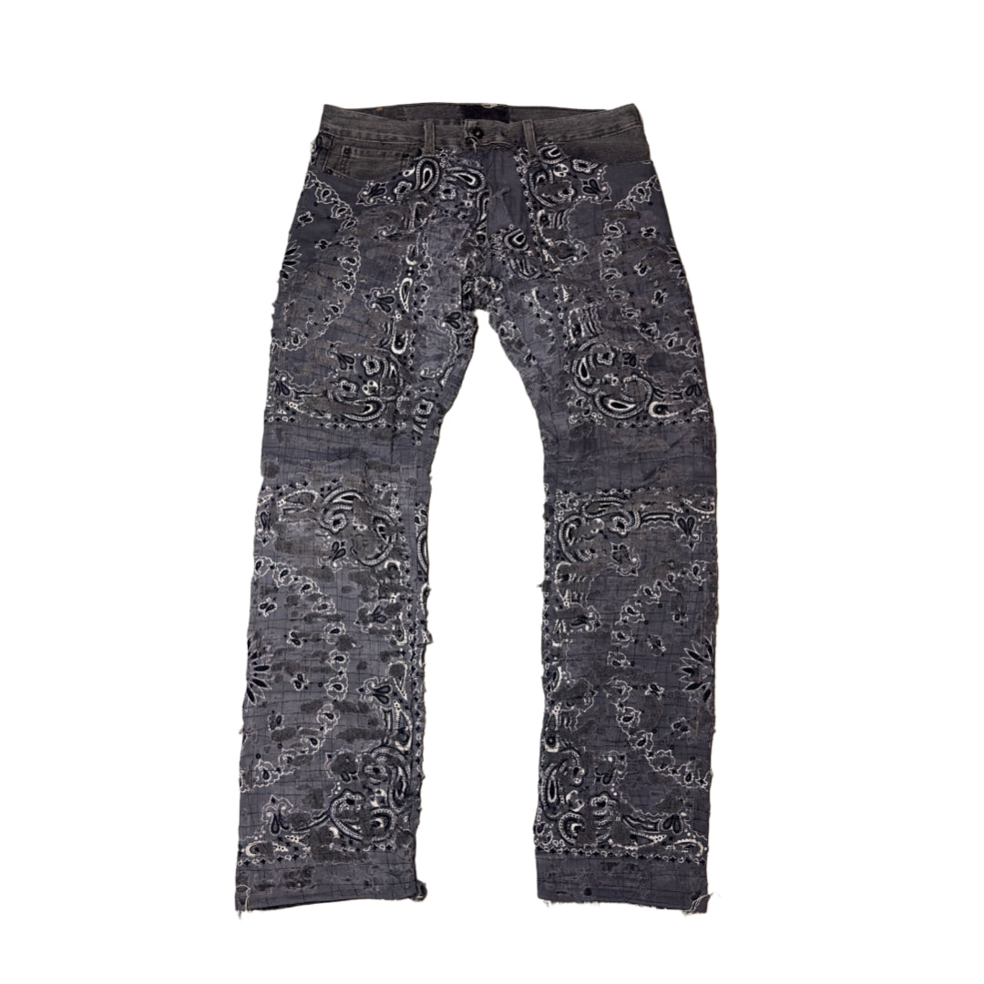 front of grey bandanna boro sewn distressed jeans 