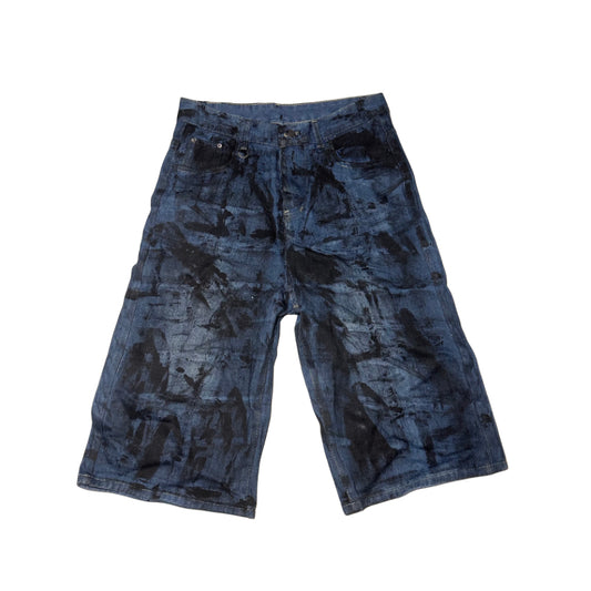 BLACK AND BLUE LONG PAINTER JORT SHORTS