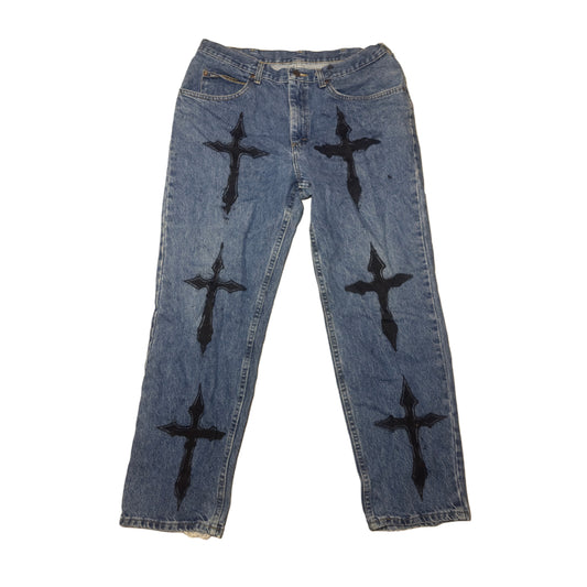 light blue cross printed jeans 